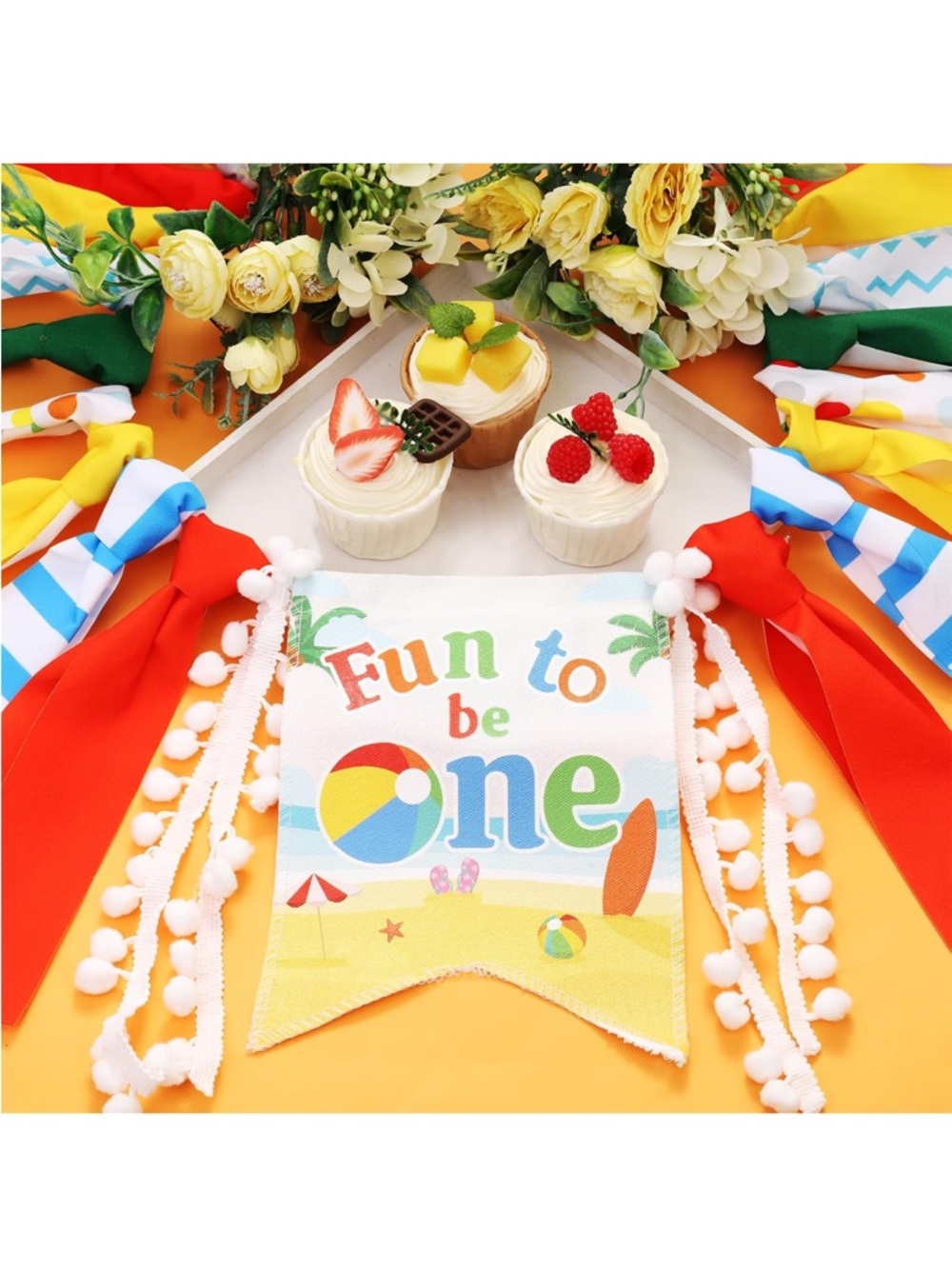 Fun to Be One High Chair Banner - Colorful Beach First Birthday Decor - Picture 5 of 9
